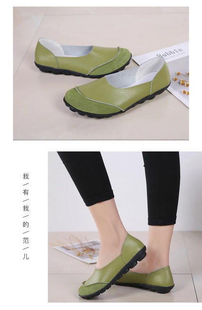 Women's shoes casual flat walking low heel loafers leather solid color large size casual single shoe work shoes44