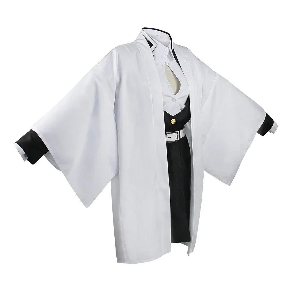 Mitsuri Kanroji cosplay costume featuring a stylish white kimono and black accents for anime fans