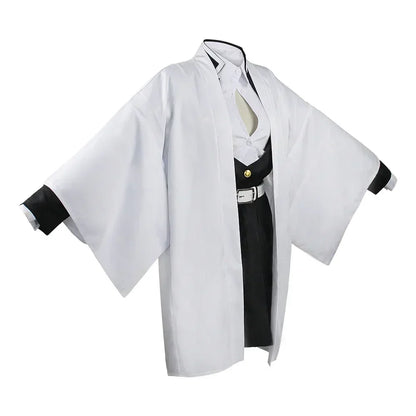 Mitsuri Kanroji cosplay costume featuring a stylish white kimono and black accents for anime fans