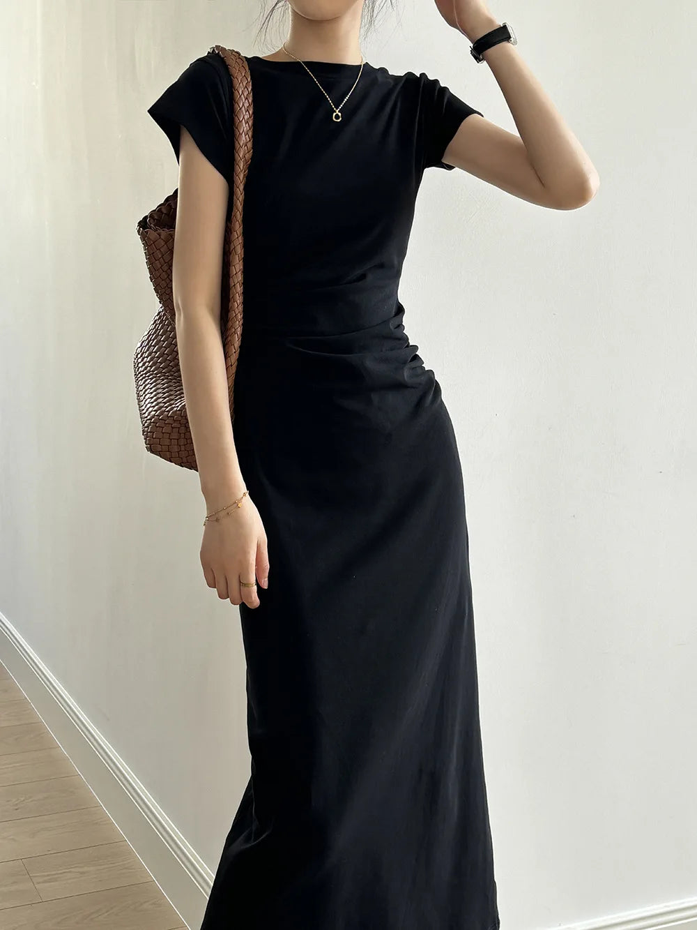 Slim Fit T-irt Dr Women's Spring Summer ort Sve Pleated Waist Cinching A-Line Midi Dr Small Stature 50