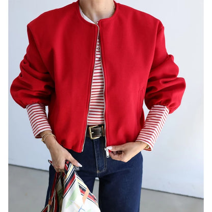 MUJER Red Zipper Bomber Jackets for Women Soft Cropped Jackets Woman 2025 Long Sleeve Woman's Sports Jacket New in Outerwears