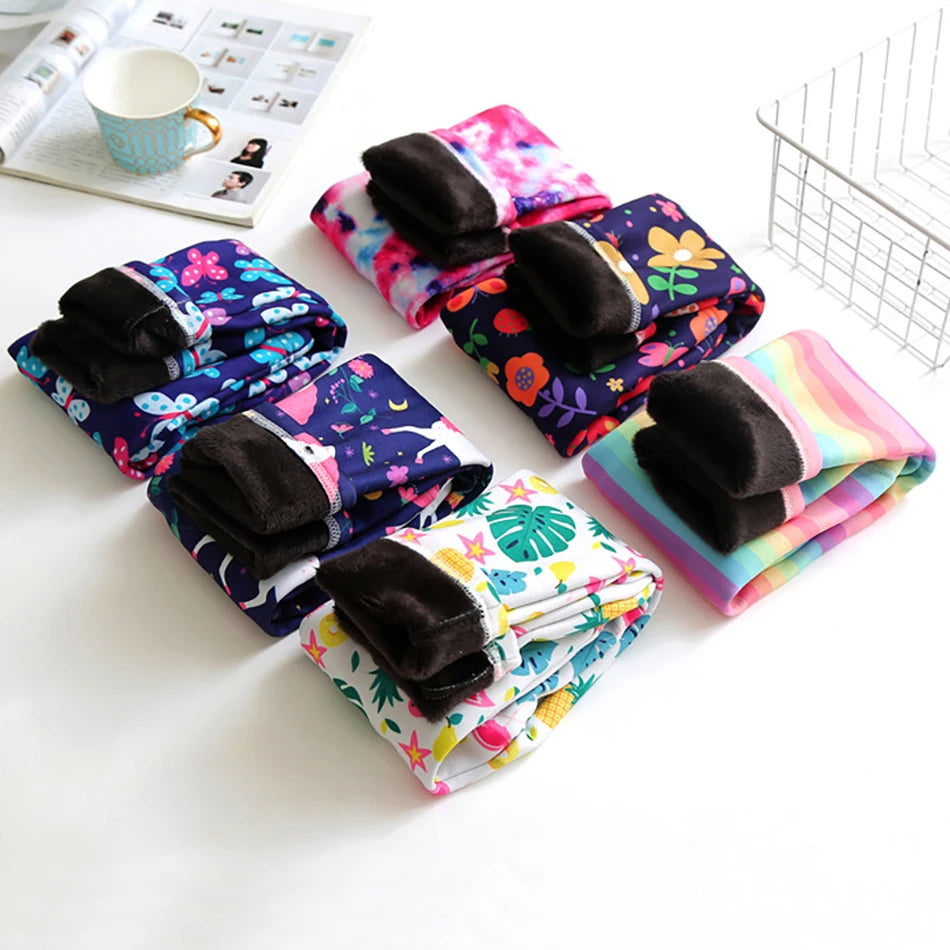 Girls Warm Plush Long Pants for Autumn Spring Cartoon Butterfly Striped Soft Cozy Leggings Fleece-Lined Bottoms Kids Casual Wear