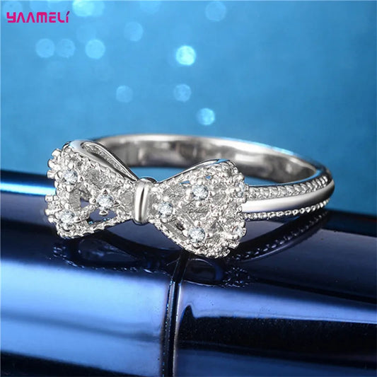 Sparkling 925 Sterling Silver Color Wedding Rings for Women Cubic Zircon Crystal Bowknot Fashion Engagement Ring