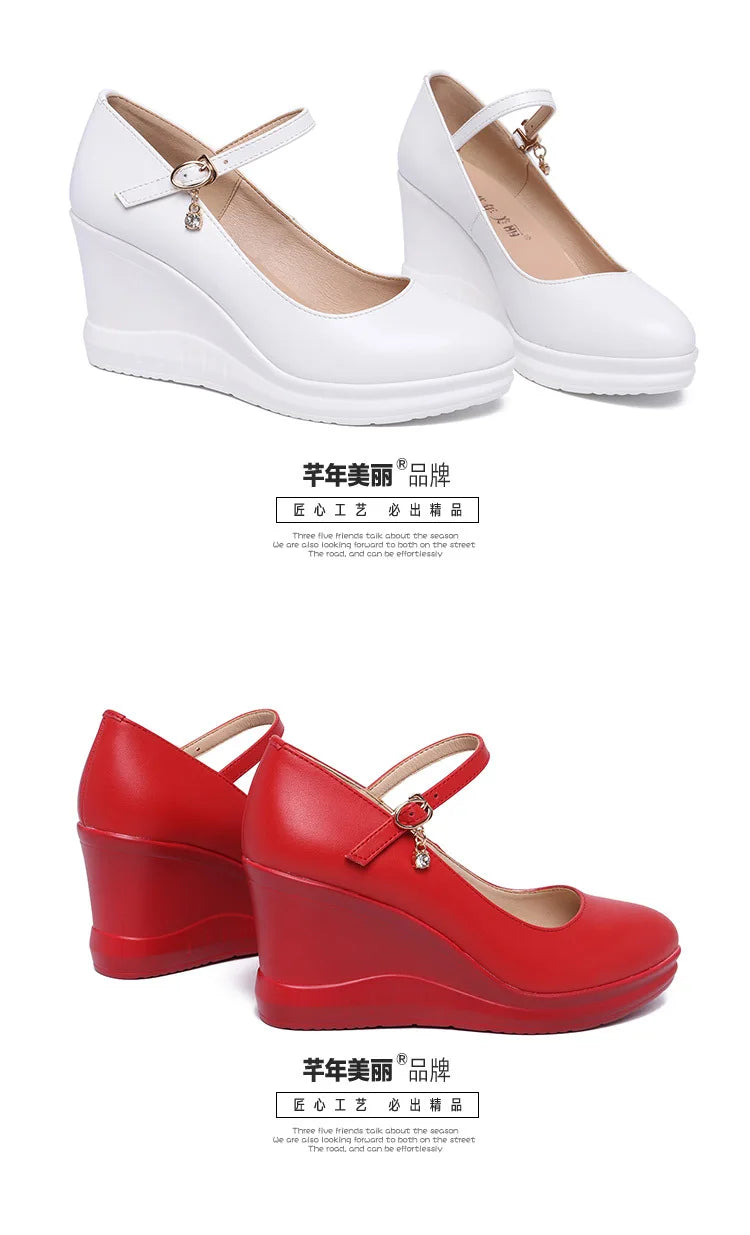 high quality leather shoe for women 7cm wedge high heel platform round toe 32 33 42 43 elegant and fashion shoe white red black