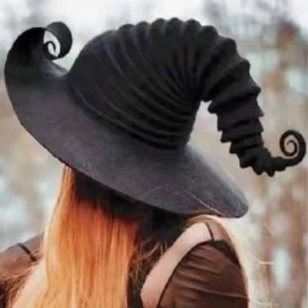 Handmade black witch hat for women with unique spiral design and wide brim