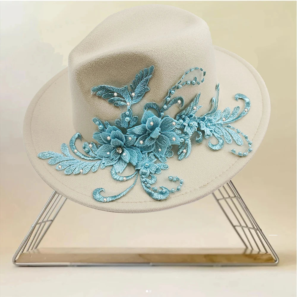 Embroidered three-dimensional flower fedora hat Women's jazz top hat Spring and autumn panama church fashion elegant wedding Hat