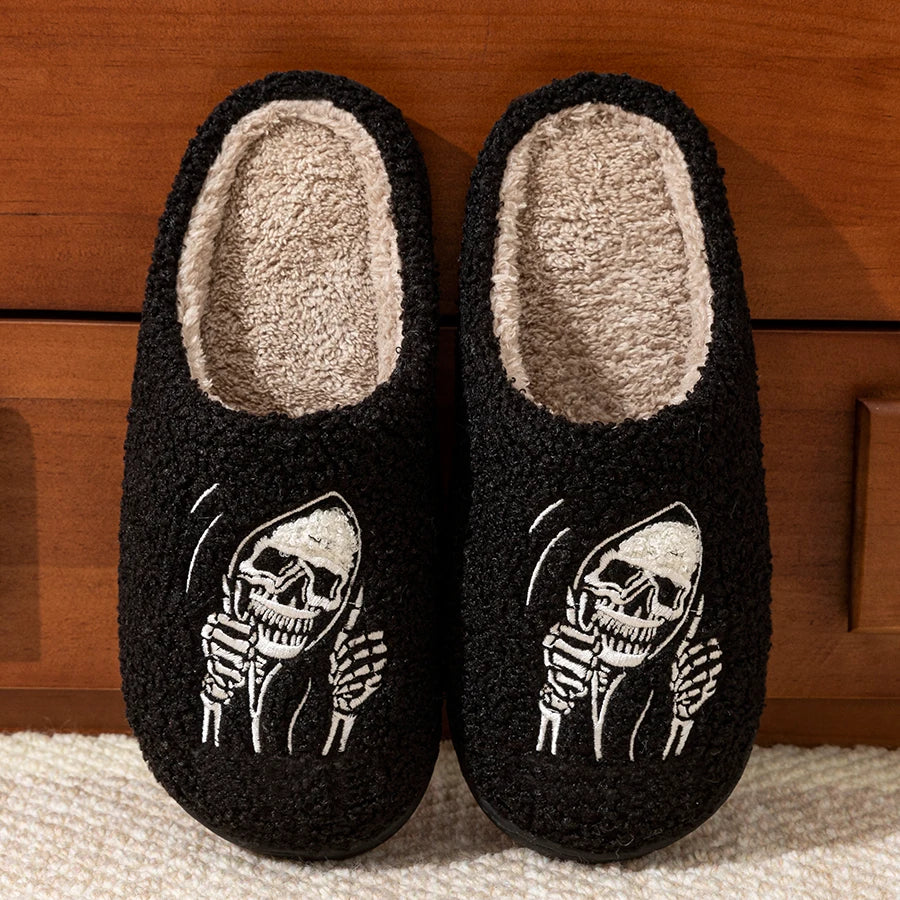 EtherealBe skull face women's slippers in black with cozy lining and skeleton design