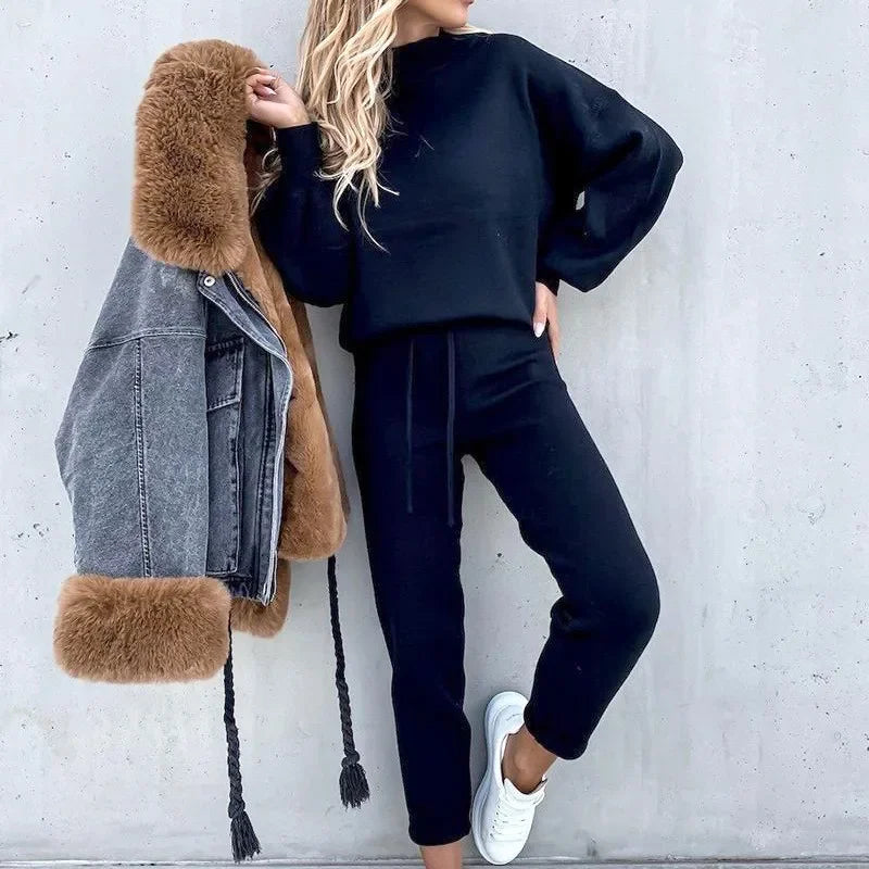 2 Piece Suit Sports for Women's Solid Color Fashion Casual Outfits Set Loungewear Long Sleeve Wide Leg Pants Streetwear