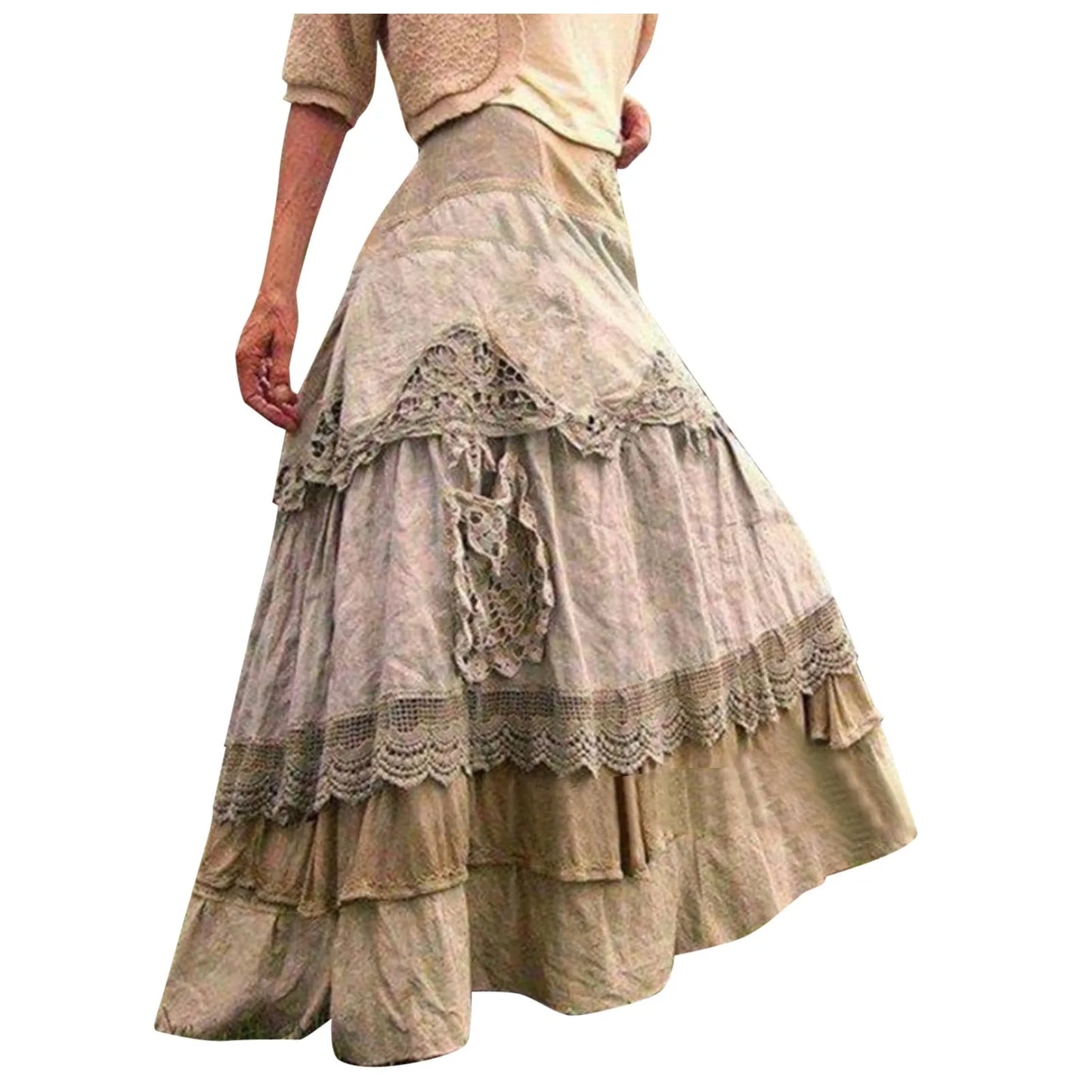 2025 Summer Long Skirt Ladies Boho Tiered Lace Maxi Skirts For Women Vintage A-Line Large Hem Skirts Faldas Para Mujeres