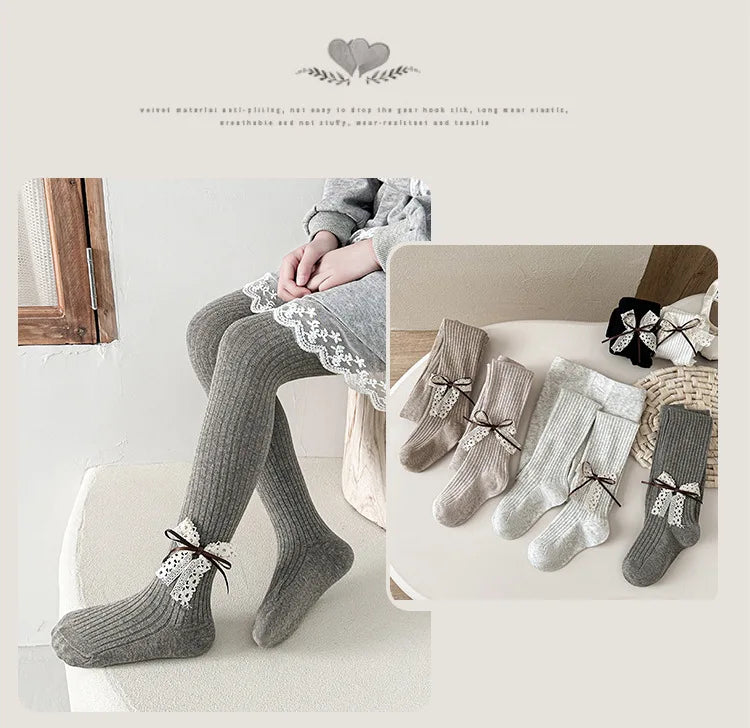 Children Cotton Tights Girls Cute Princess Bowknot Pantyhose Kids Stocking Baby Girls One-Piece Pantyhose Infant Knitted Tights