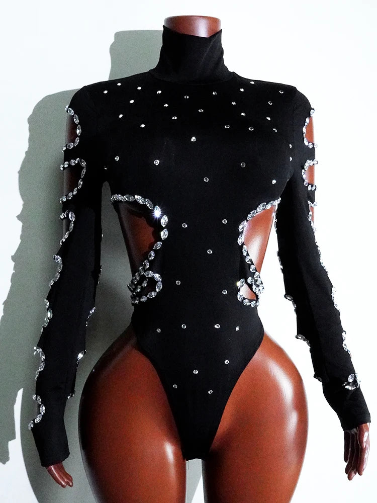 rhinestHollow Out Sexy Black Women Bodysuit pants Sets Long Sleeve Turtleneck Bodysuits Clubwear Costumes Stars Hot Singer Stage