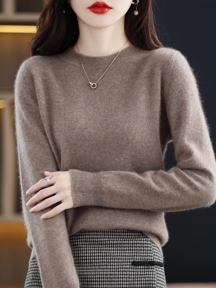 Fashion 100% Merino Wool Sweater Elegant Cashmere Pullover Women O-Neck Long Sleeve Knitwear Basic Clothing  Jumper Tops