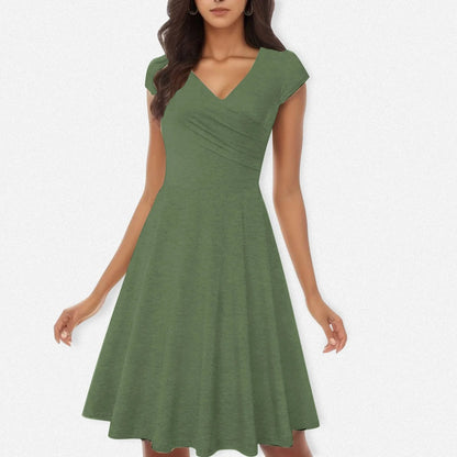 Female Solid Dress Knee-Length Short Sleeve Summer Empire Pleated Dresses A-line V-neck Simple Laides Casual Club Party Dress