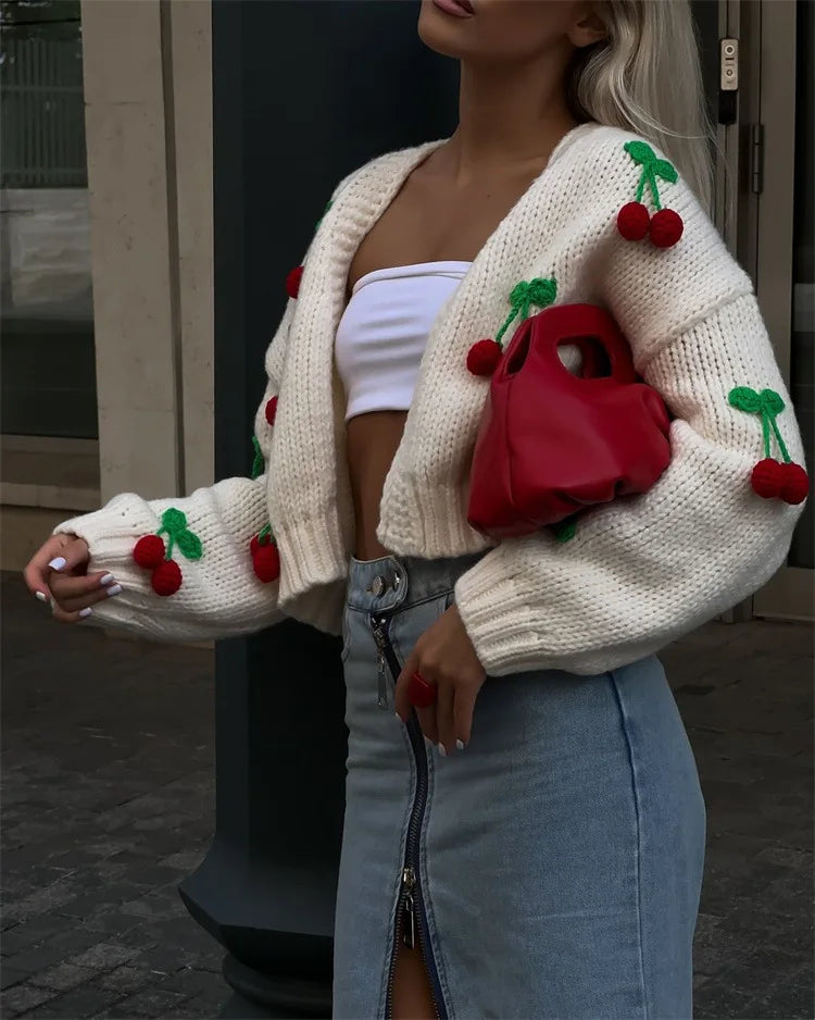 Cryptographic Fall Winter Knitted Cherry Sweaters Cardigan Long Sleeve Top Christmas Sweet Fairy Grunge Sweater Streetwear
