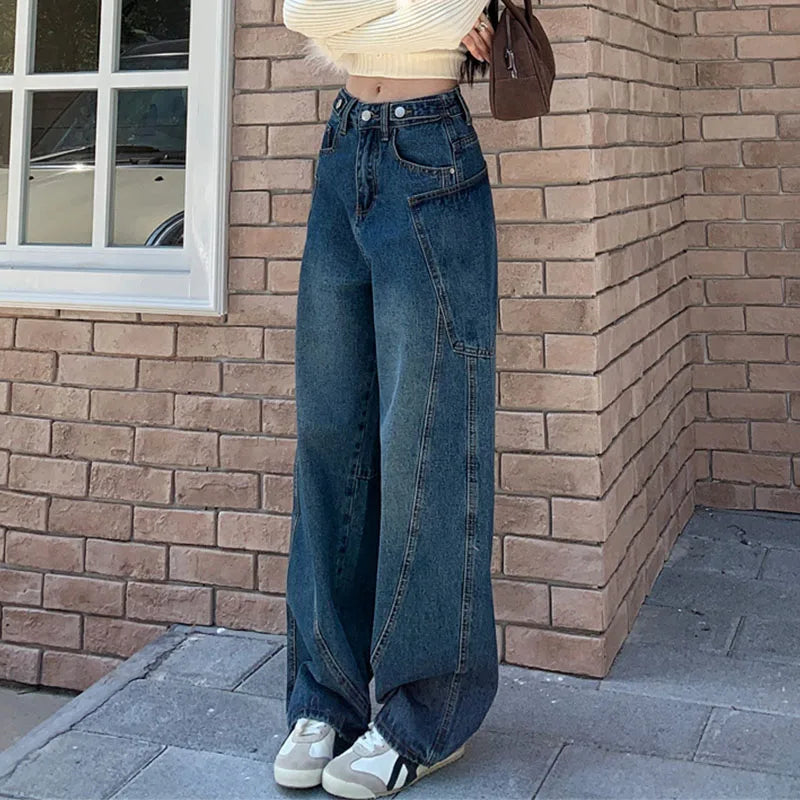 Autumn 2025 High Waist Slim Tapered Wide Leg Jeans Y2K Vintage Blue Denim Pants Dongdaemun Curved Hem for Women