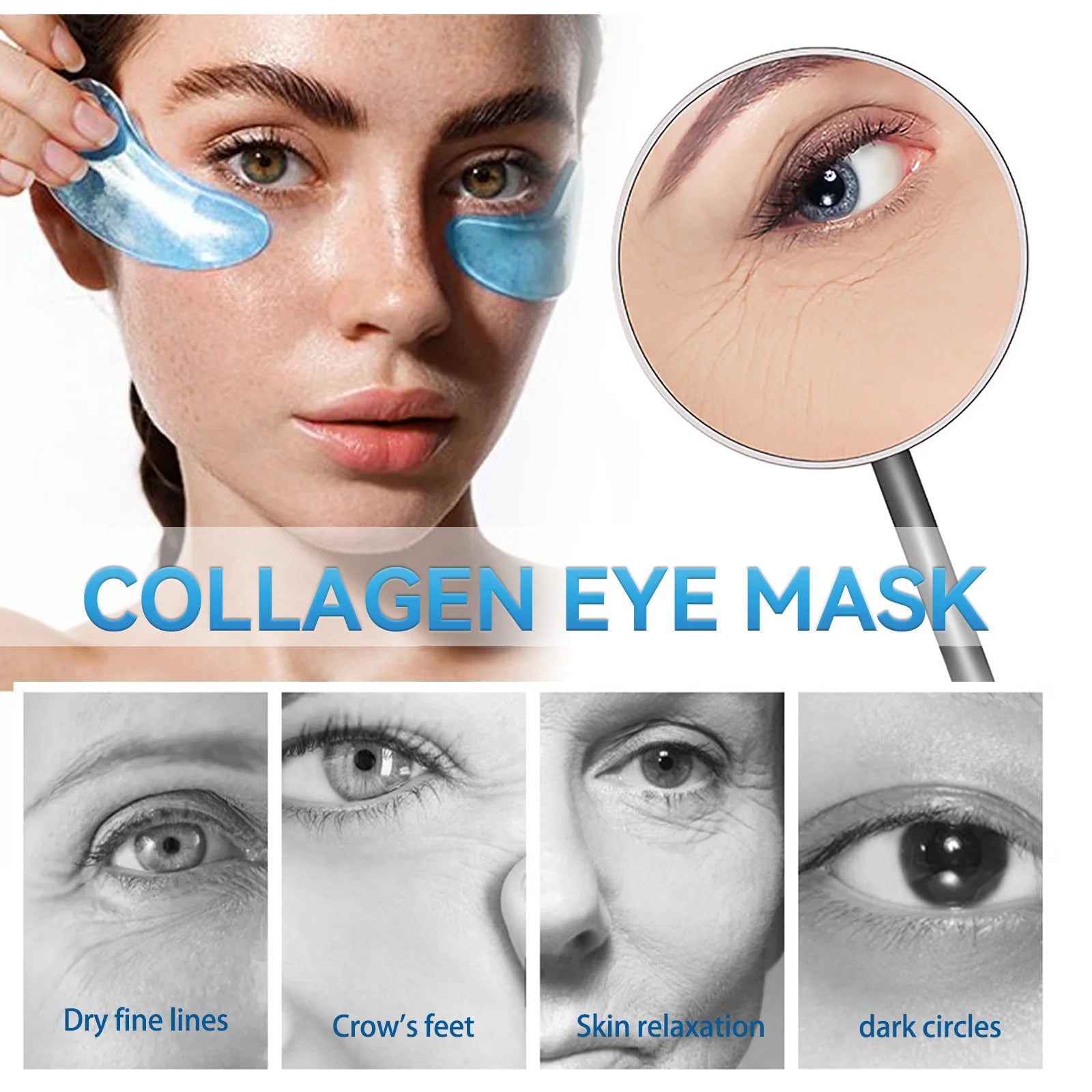 Model applying hydrating eye patches for fine lines, promoting skin relaxation and reducing dark circles