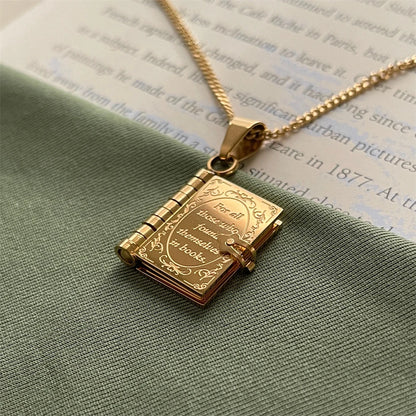 Book Lovers Necklace Stainless Steel Engraved Openable Book Chain Pendant Necklaces for Women Men Vintage Jewelry Gift