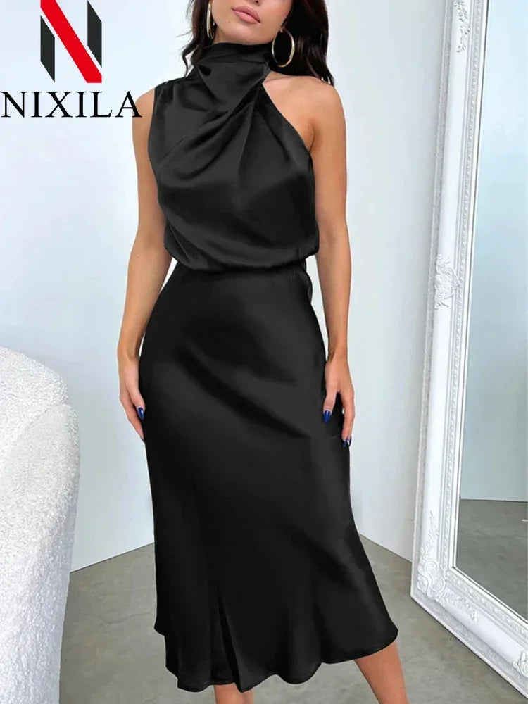 New Wedding Satin Silk Women Dresses Sexy Evening Party Sleeveless Off Shoulder Bodycon Elegant Maxi Dresses for Women Clothes