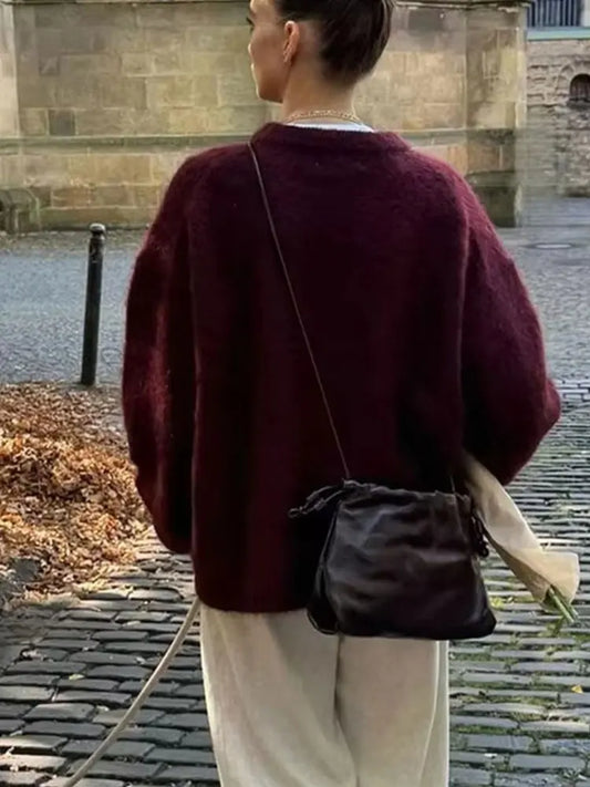 HH Autumn Sweater For Women Fashion Vintage Wine Red Knitted Pullover Long Sleeve O Neck Sweatshirt High Street Knitwear Top