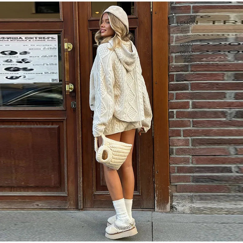 White Cable Knit Argyle Hooded Co-ord Set Long Sleeve Sweater Bodycon Shorts 2025 Cozy Retro Women Sets Daiy Casual Lady Outfit