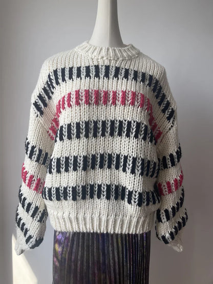 Women Multi Color Striped Thick Casual Round-neck Sweater Chunky Jumper Bold Black & Pink Stripes Winter Niche Design Knit Top