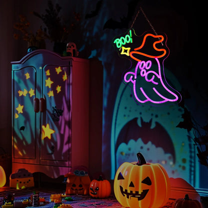 Colorful neon witch hat Halloween wall decoration with a ghost and 'Boo' text for festive décor
