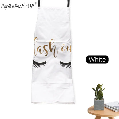 White makeup artist kitchen apron with stylish eyelash design for beauty enthusiasts