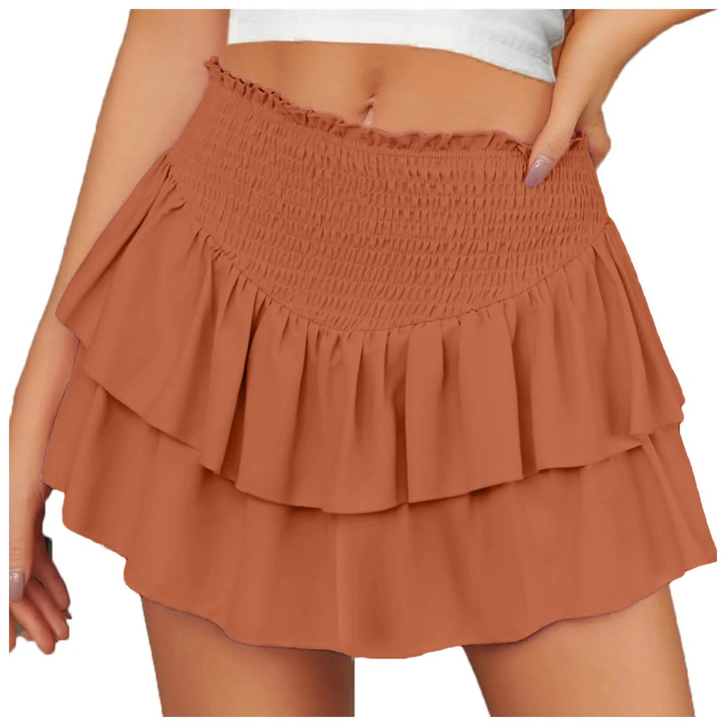 Womens High Waist Ruffle Flowy Mini Skirts Stretchy Lined Layered Pleated Casual Beach Short Skirt Solid Color Sweet Dress