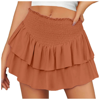 Womens High Waist Ruffle Flowy Mini Skirts Stretchy Lined Layered Pleated Casual Beach Short Skirt Solid Color Sweet Dress