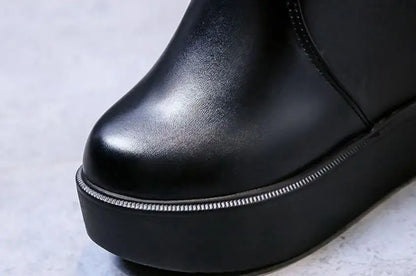 Knee Thigh High New In Women's Boots Genuine Leather Fur Long Shoes for Women Winter 2025 Wedges Chunky Platform Heeled Black
