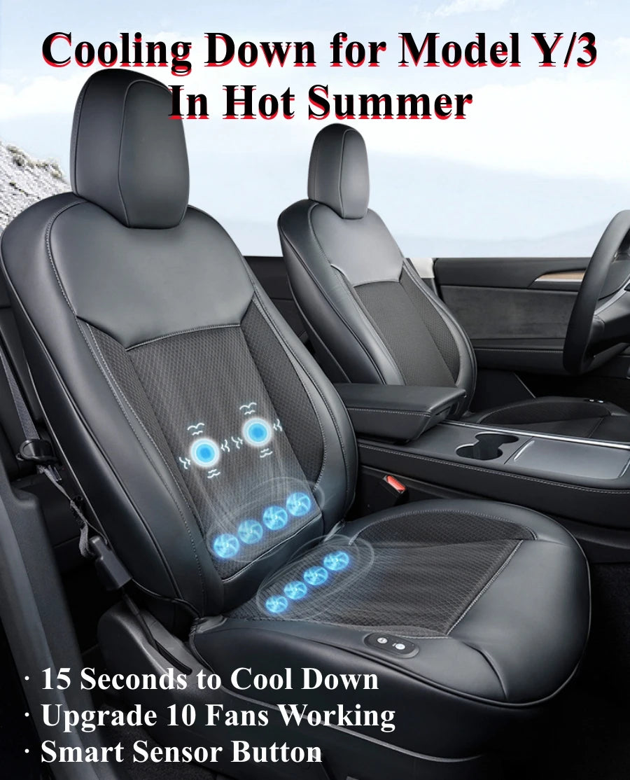 Upgrade Tesla Model Y Model 3 Smart Cooling Car Seat Cushion for Summer Driving Breathable Seat Cover with 10 Fans 15s Cool Down