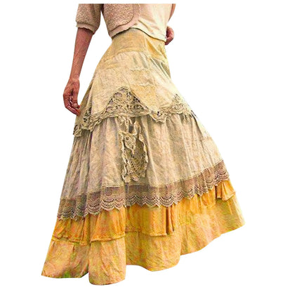 2025 Summer Long Skirt Ladies Boho Tiered Lace Maxi Skirts For Women Vintage A-Line Large Hem Skirts Faldas Para Mujeres