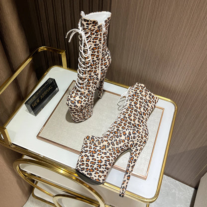 Sexy Fetish Leopard 20cm/8Inch Women's high-heeled Ankle Boots Lace-up Zip Platform Suede Pole Dance Shoes Large Size 44 WESTERN