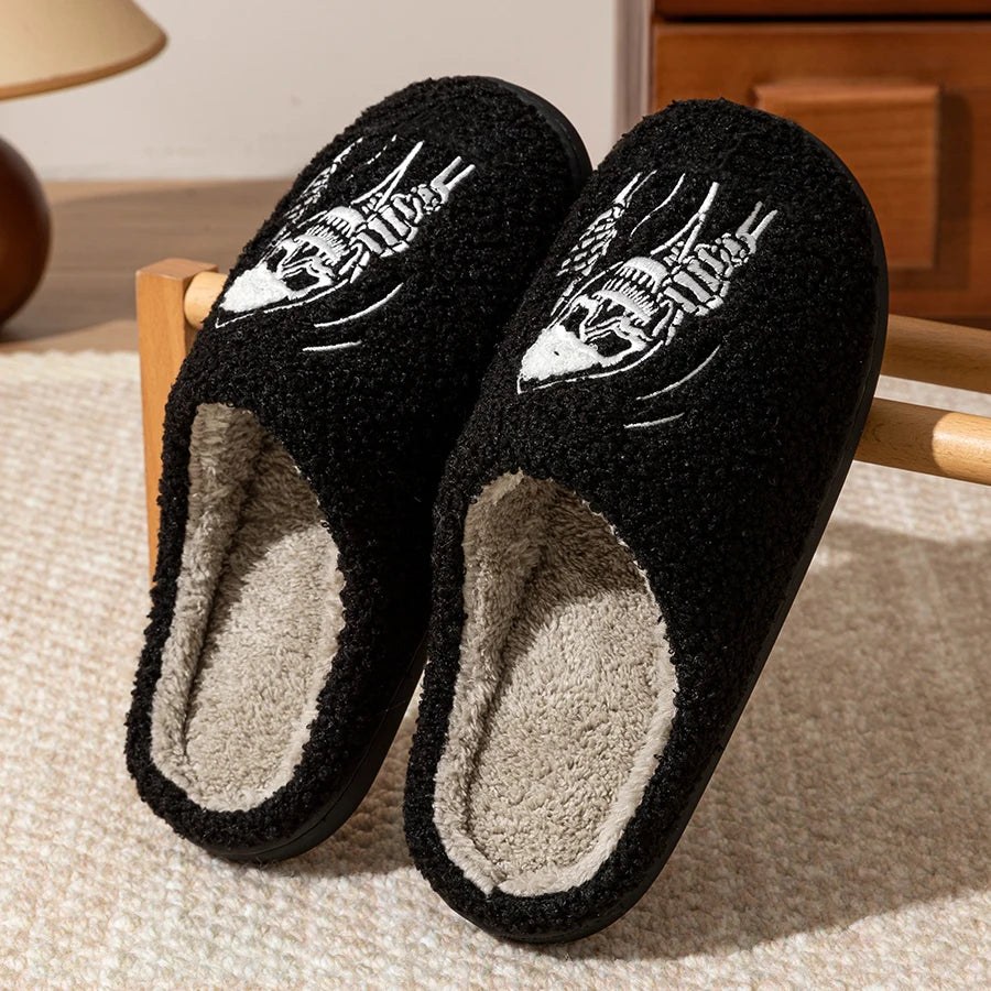 EtherealBe skull face women's slippers in black with soft lining for comfort and style