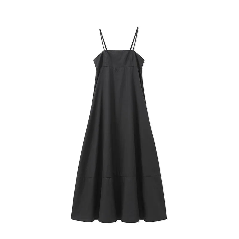 Solid Backless Spaghetti Strap Dress Women's Fashion Loose High Waist A-line Vestidos Summer Lady Holiday Street Robes 2025 New
