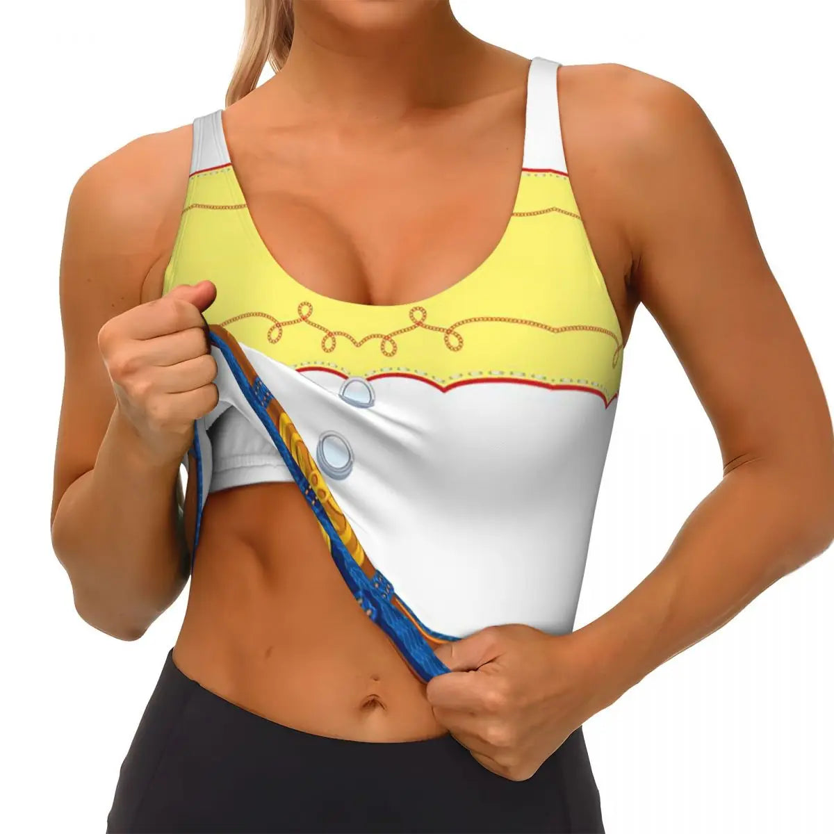 EtherealBe Toy Story Jessie sports bra featuring vibrant colors and playful design