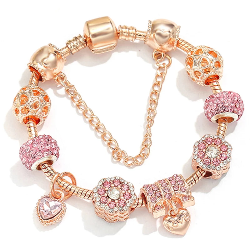Spring Style Charms Bracelets For Women With Snake Chain Pink Daisy DIY Charms Beads Pendants Fashion Jewelry Dropshipping
