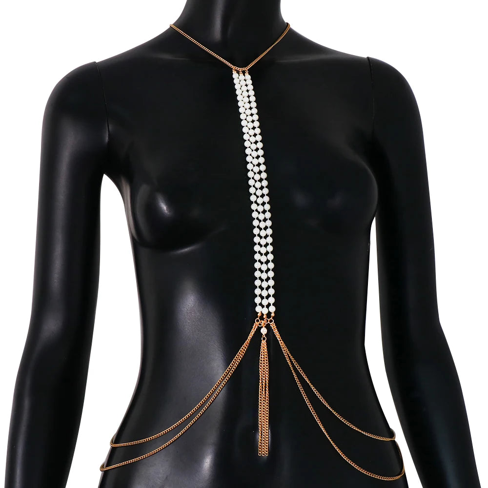 Stonefans Fashion Pearl Body Chain Bra Necklace Harness for Women Summer Sexy Bikini Crystal Belly Waist Chain Beach Jewelry