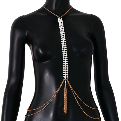 Stonefans Fashion Pearl Body Chain Bra Necklace Harness for Women Summer Sexy Bikini Crystal Belly Waist Chain Beach Jewelry
