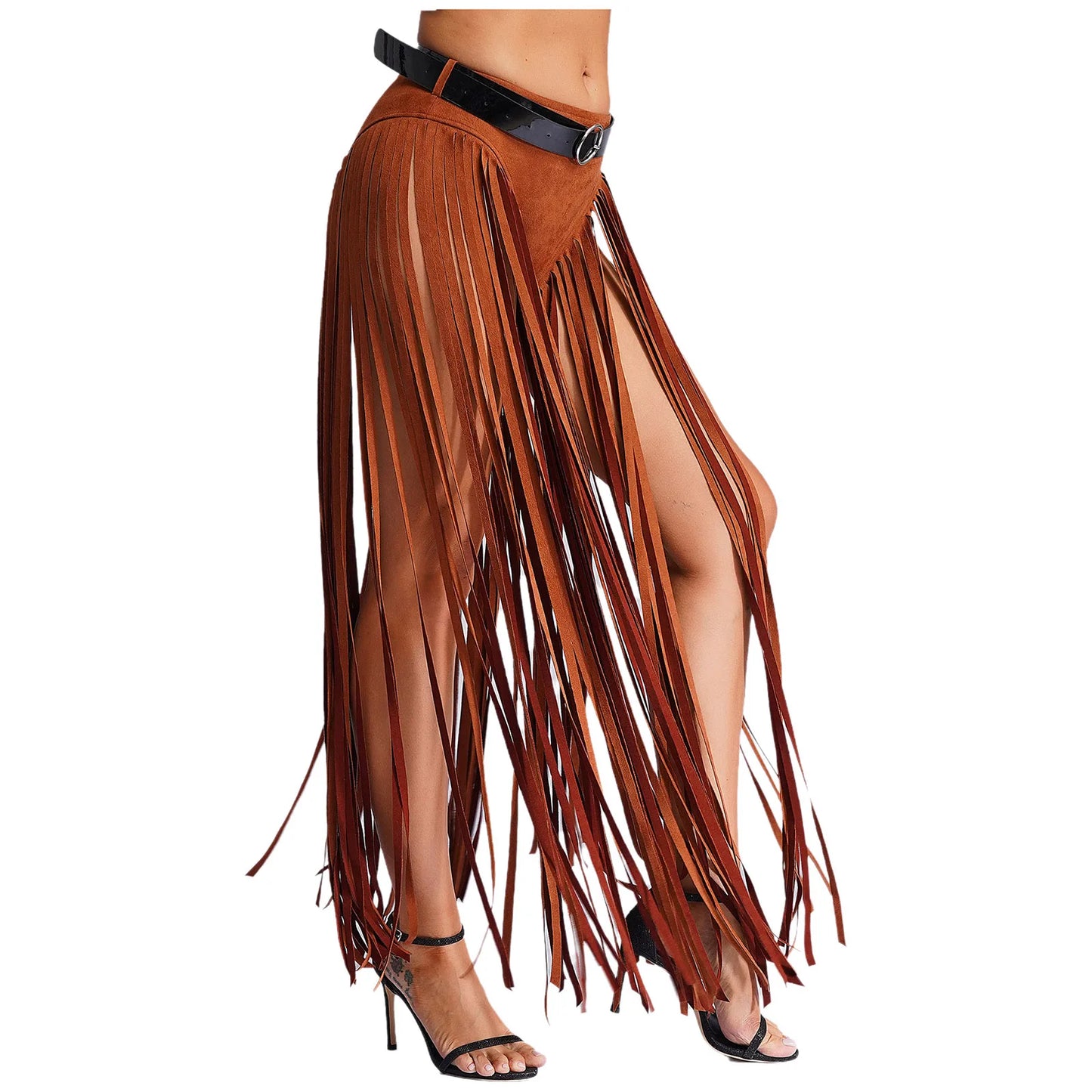 Womens Hippy Cosplay Costume High Waist Suede Underwear with Long Tassels And Belt Halloween Dress Up 70s Disco Costume