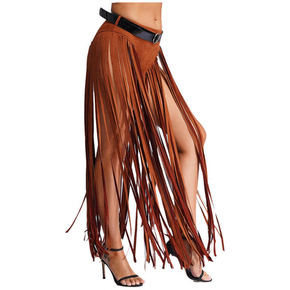 Womens Hippy Cosplay Costume High Waist Suede Underwear with Long Tassels And Belt Halloween Dress Up 70s Disco Costume