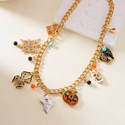 EtherealBe Halloween pumpkin necklace and bracelet set featuring spooky charms and a gold chain