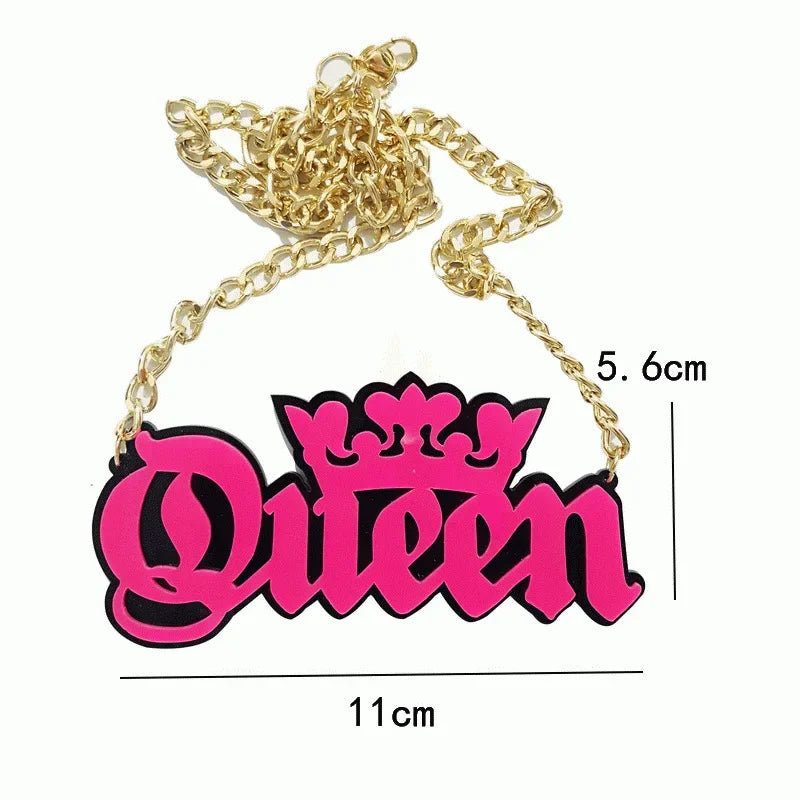 EtherealBe Halloween black letter necklace with bold pink 'Queen' design and gold chain
