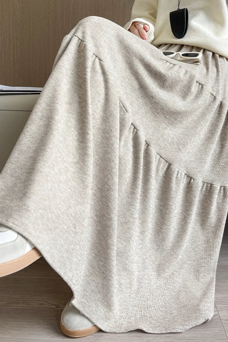 Autumn Casual Knit Pleated Skirt for Women Elegant Solid Color A Line Long Skirts Korean Streetwear High Waist Patchwork Skirt
