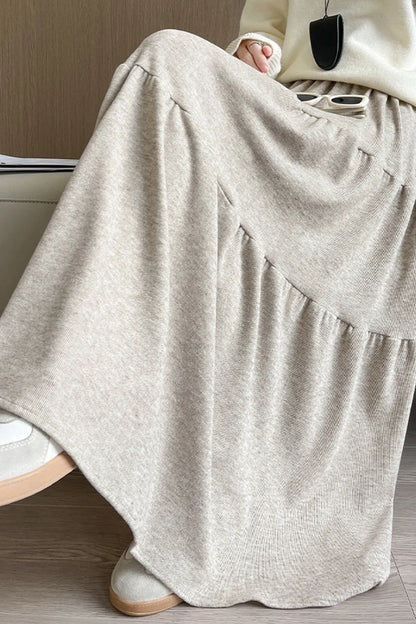 Autumn Casual Knit Pleated Skirt for Women Elegant Solid Color A Line Long Skirts Korean Streetwear High Waist Patchwork Skirt