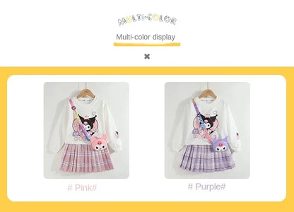 Kids Clothes Set Spring Autumn Children Kuromi Long Sleeved Sweater Tops+Checkered Pleated Skirt 2pce Teen Girls Preppy Clothing
