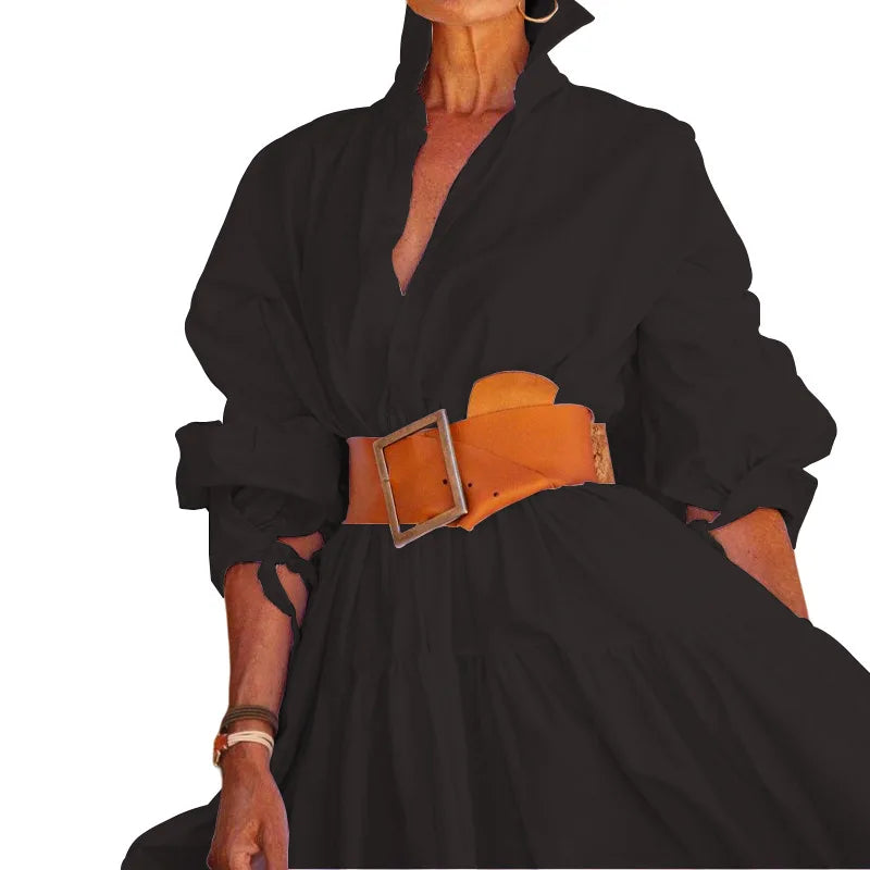 2024 Autumn New Women's Clothing Solid Color Fashionable Temperament Long Sleeved Sleeve Lace Up Casual Mid Length Lapel Dress