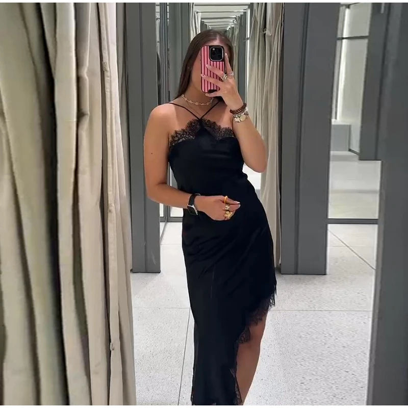 Brown Satin Sexy Lace Spliced Short Sling Dress Women V-neck Sleeveless Backless Asymmetric Party Dresses 2025 Summer Lady Robes