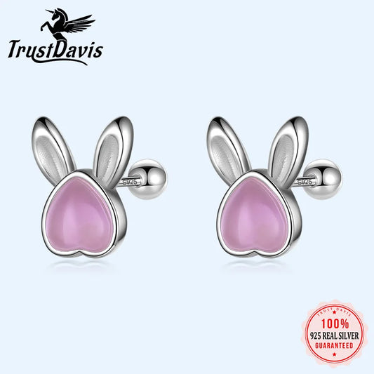 TrustDavis Real S999 Sterling Silver Kids Animal Rabbit Moonstone Screw Stud Earrings For Daughter Girls Fine Jewelry DF2044