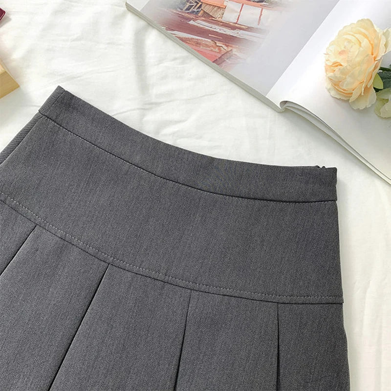 ZOKI  Vintage Gray Pleated Skirt Women Kawaii High Waist Mini Skirts Korean Fashion School Uniform Harajuku Streetwear Spring